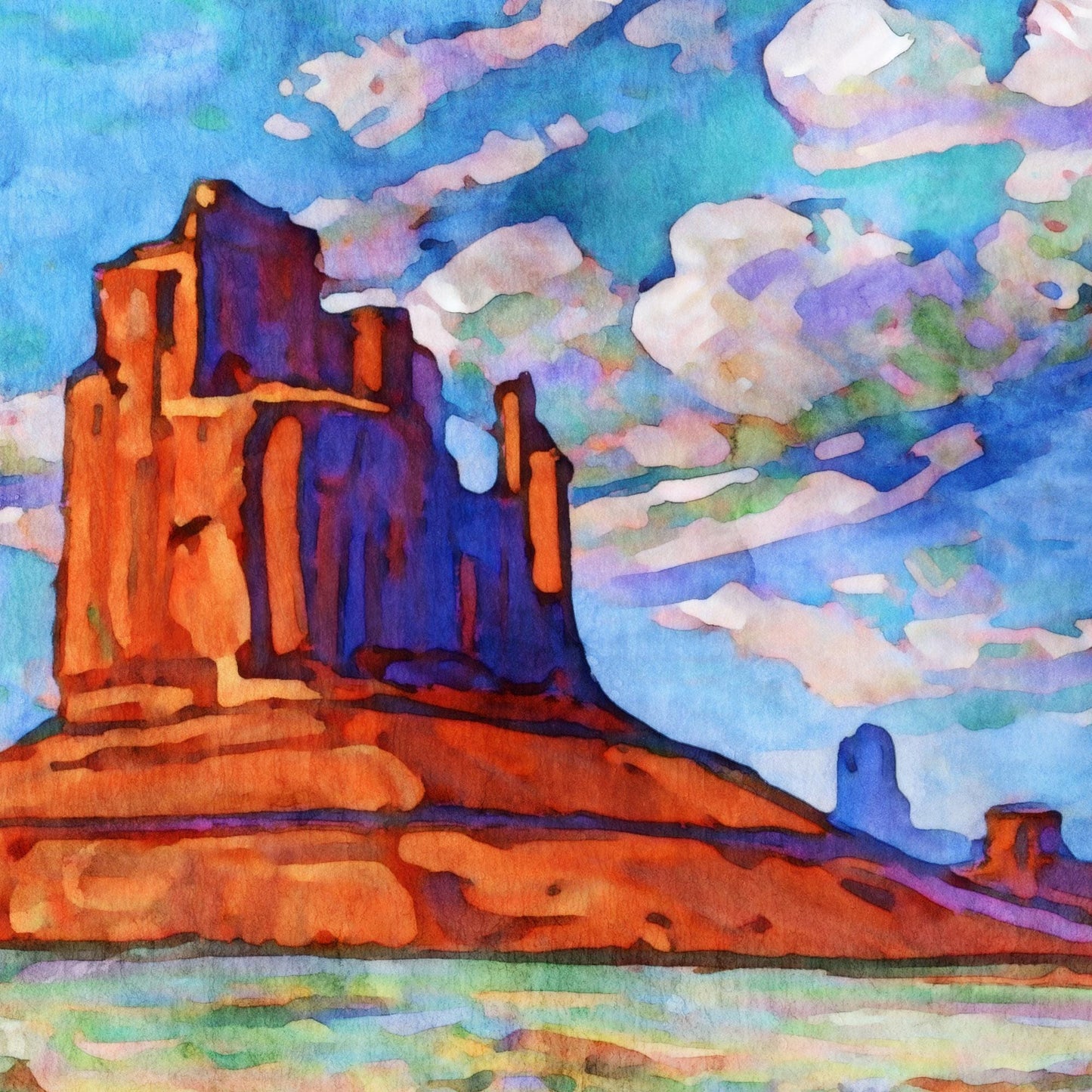Close-up watercolor-style painting of a Monument Valley butte, with vivid red and orange rock formations contrasted against a bright sky of swirling blues, purples, and soft clouds.
