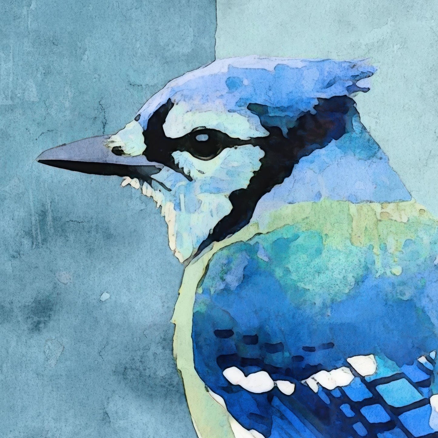 Close-up view of a watercolor-style blue jay portrait, showcasing the bird’s vivid blue, turquoise, and indigo feathers with black and white facial markings. The background is a soft wash of textured blue, enhancing the bird’s striking colors and delicate brushwork. The composition emphasizes the jay’s expressive eye and intricate feather detail, evoking a serene, painterly atmosphere.