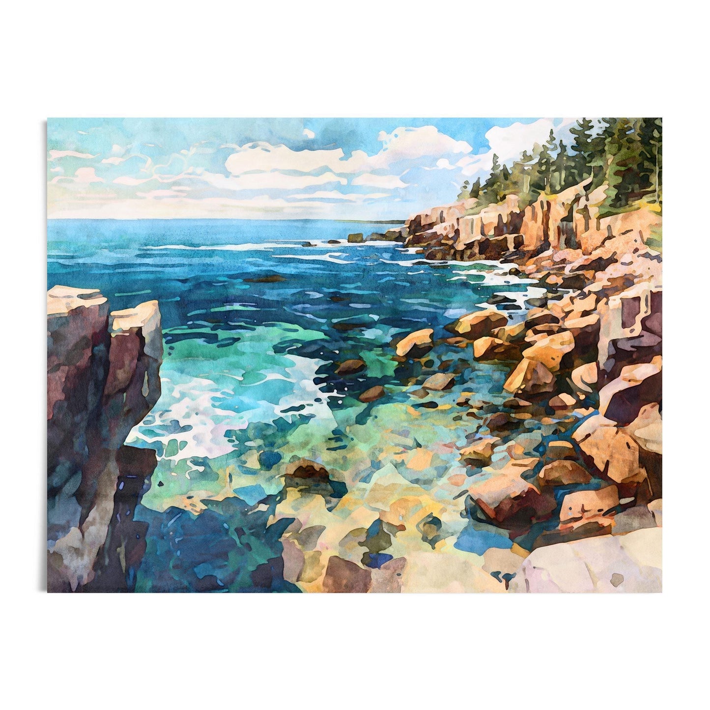Watercolor-style painting of a rocky coastline with turquoise and deep blue ocean waves under a bright sky with scattered clouds. Warm-toned cliffs and pine trees line the shore, while sunlight reflects off the clear water. Artwork shown on a white background.