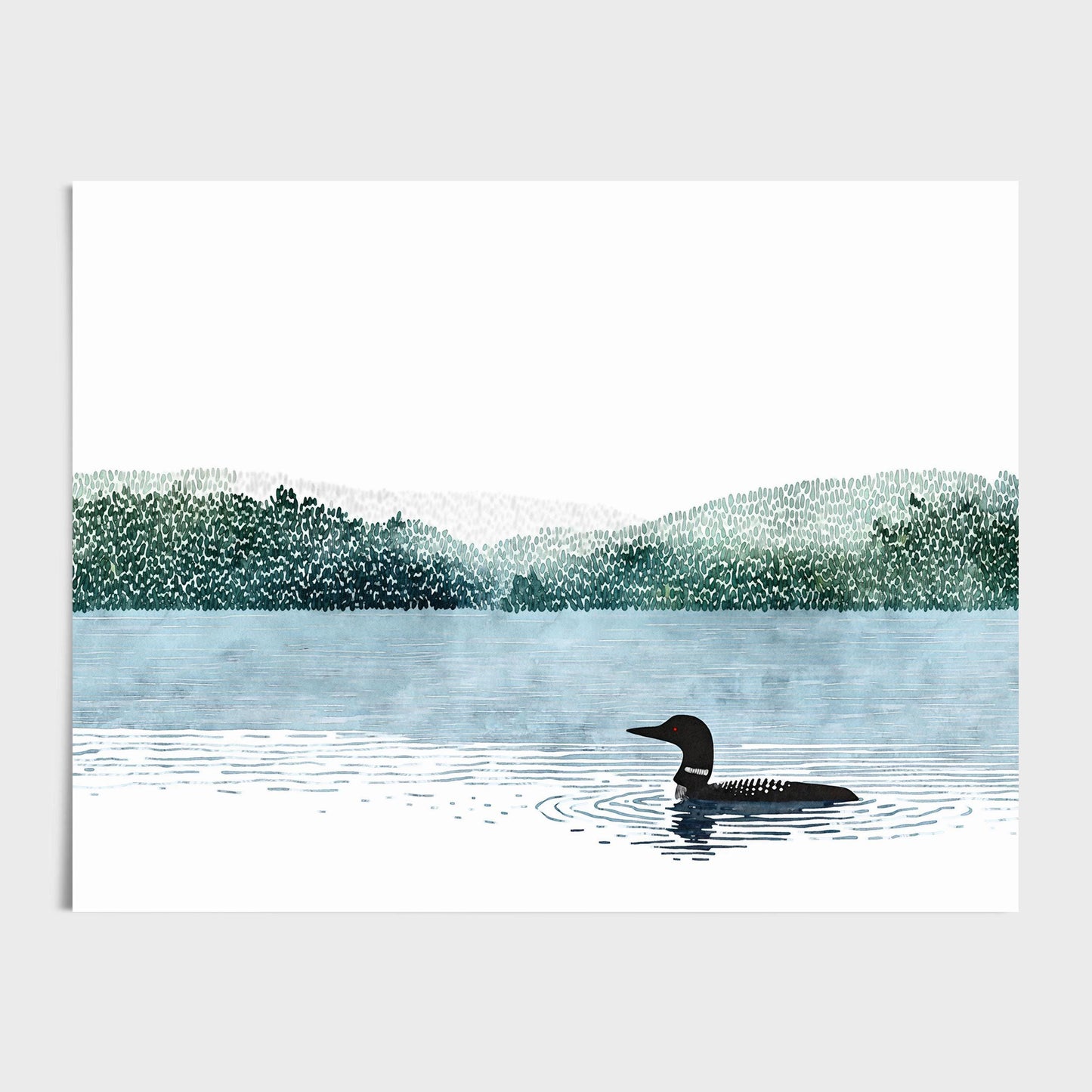Minimalist illustration of a loon swimming on a calm blue lake with ripples, set against soft green forested hills fading into the distance, with ample white sky above for a serene, modern composition.