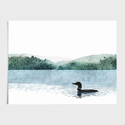 Minimalist illustration of a loon swimming on a calm blue lake with ripples, set against soft green forested hills fading into the distance, with ample white sky above for a serene, modern composition.