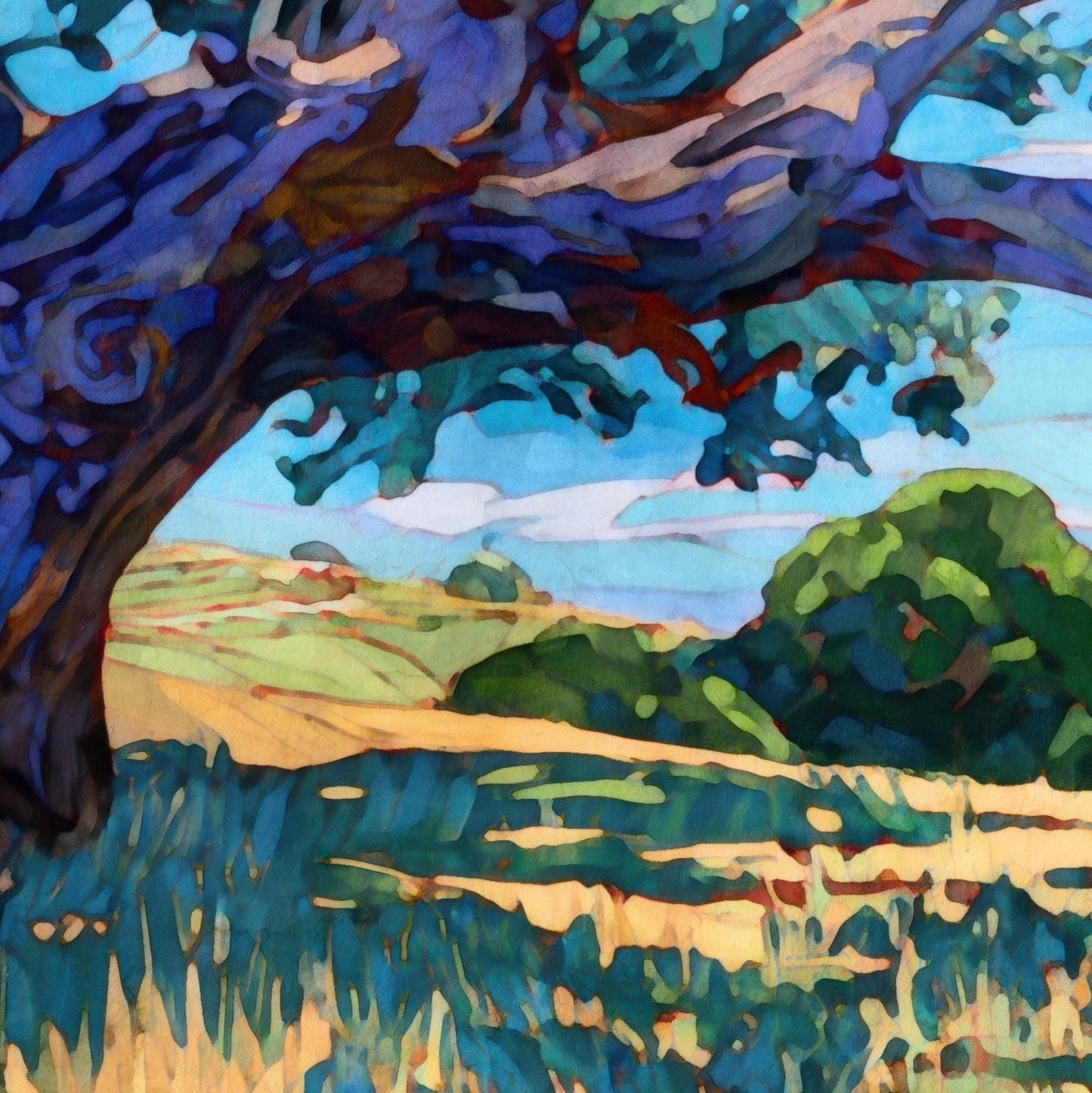 Close-up of a modern impressionist painting of a Texas oak tree, showing the deep blue and violet trunk with sweeping branches above a sunlit landscape. The scene features golden grasses, rolling green hills, and a bright turquoise sky with soft clouds, rendered in bold brushstrokes and vibrant color contrasts.