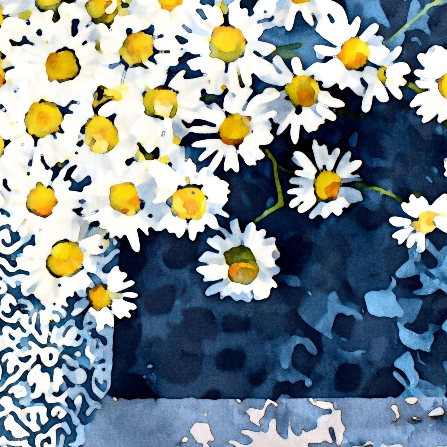 Close-up of a watercolor-style artwork featuring white daisies with golden yellow centers against a deep blue textured background. The lower left shows part of a patterned vase, emphasizing the detailed brushwork and vibrant contrast between flowers and backdrop.