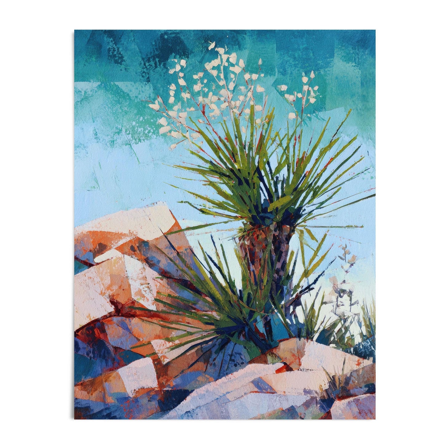 Colorful painting of a desert yucca plant with sharp green leaves and clusters of white blossoms, set among angular orange, red, and blue rocks under a bright turquoise sky. The artwork has a bold modern impressionist style with layered brushstrokes and vibrant textures.