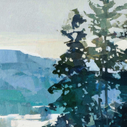 Close-up of a winter landscape painting, showing dark evergreen trees against a backdrop of soft blue mountains and pale sky, painted in layered brushstrokes with textured, abstract detail.