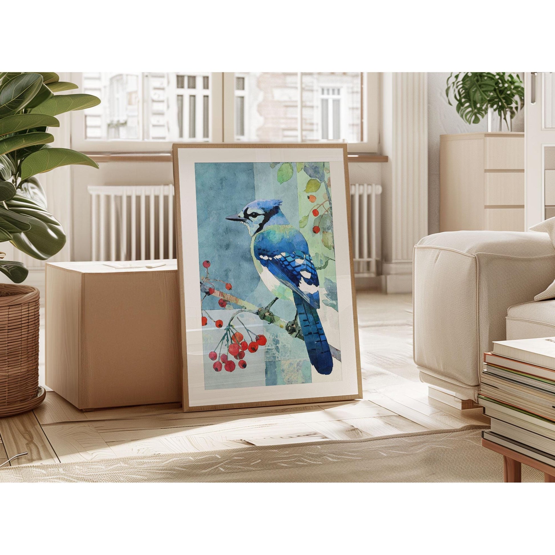 Framed watercolor art print of a blue jay perched on a berry branch, leaning against a wall in a bright, modern living room. The bird’s vivid blue and turquoise feathers contrast with clusters of red berries and a patchwork blue-green background. Soft natural light filters through tall windows, highlighting the artwork beside a beige sofa, stacked books, and leafy houseplants for a warm, inviting feel.