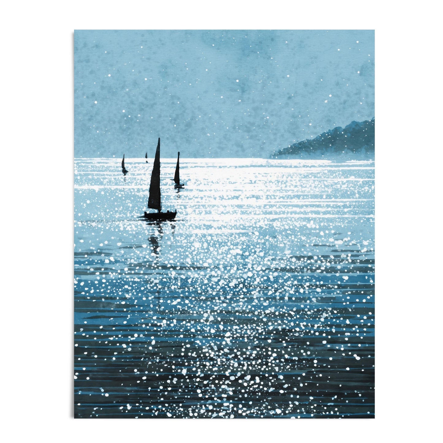 Vertical art print of a tranquil seascape with silhouetted sailboats drifting across shimmering blue water. White splatter-style highlights evoke sunlight dancing on the waves, while a misty headland appears in the distance beneath a pale, textured sky. Displayed on a clean white background, emphasizing the artwork’s crisp lines and reflective serenity.