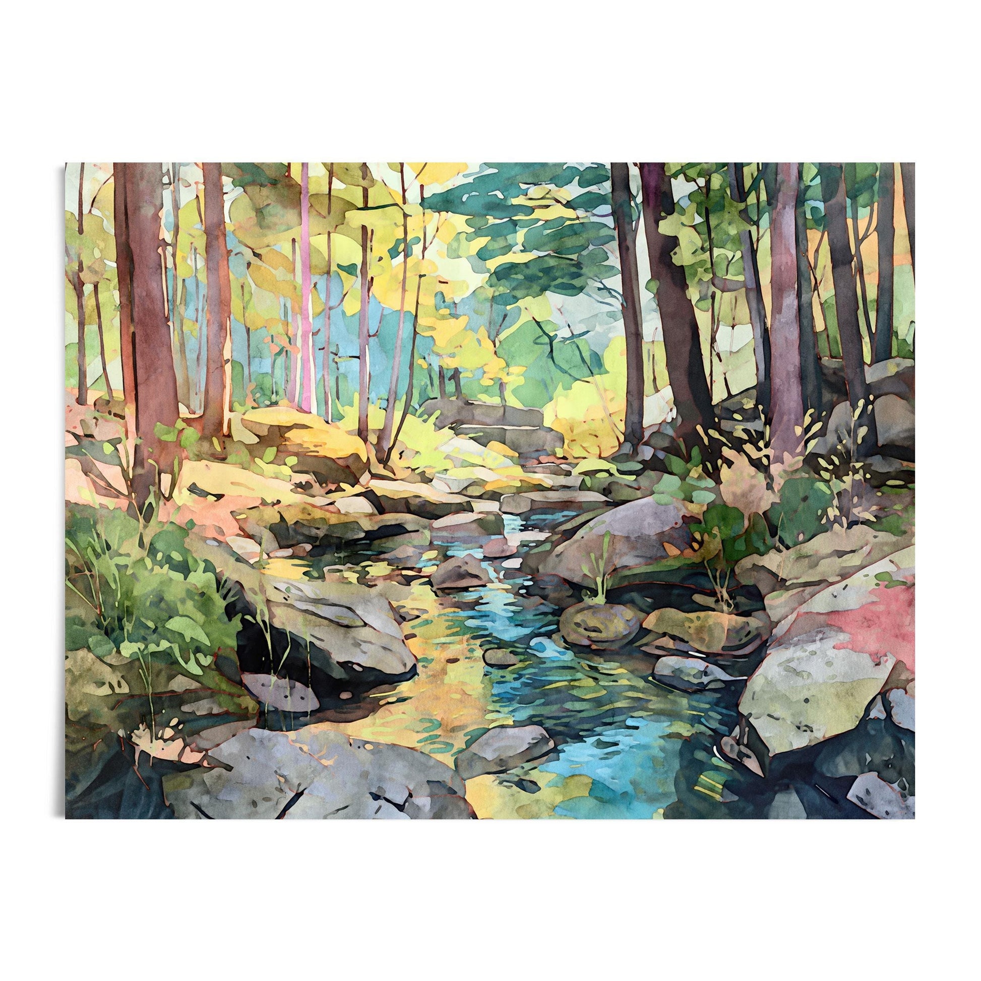 Watercolor-style painting of a forest stream with clear blue water flowing between rocks, surrounded by tall trees and sunlit foliage in shades of green, yellow, and gold.