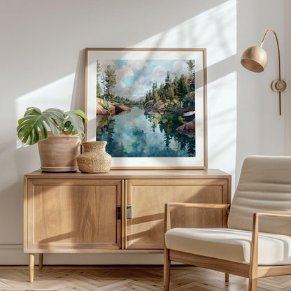 Square-framed landscape painting of a northern Minnesota lake resting on a wooden sideboard. The artwork depicts calm blue-green water reflecting pine trees, rocky shores, and a cloudy sky. Decor includes a potted monstera plant, woven basket, and modern wood-and-fabric armchair, with sunlight streaming through a nearby window, creating a warm, natural, minimalist interior.