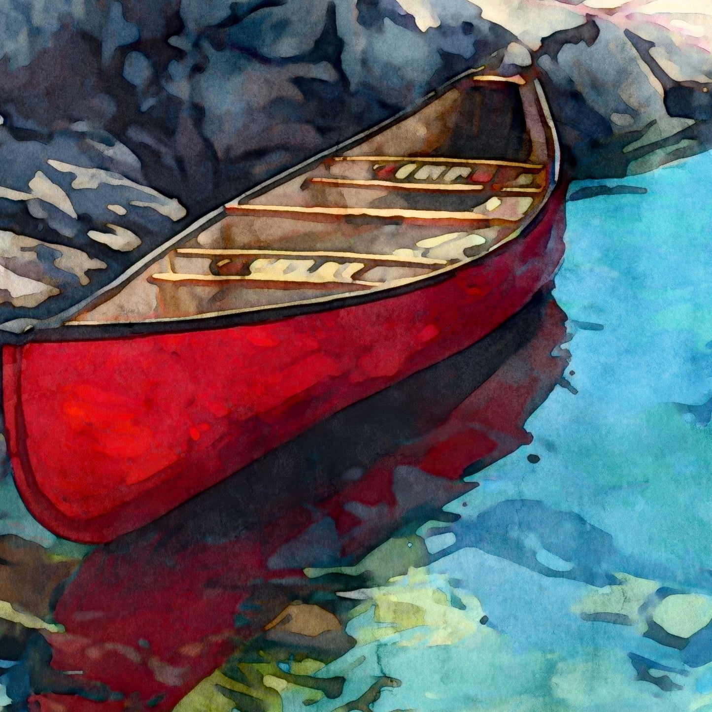 Close-up watercolor-style painting of a red canoe floating on clear turquoise water. Sunlight reveals smooth stones beneath the surface, and the canoe’s wooden ribs and seats glow in warm tones. Ripples of blue, teal, and green surround the boat, creating a vibrant, serene lakeside scene.