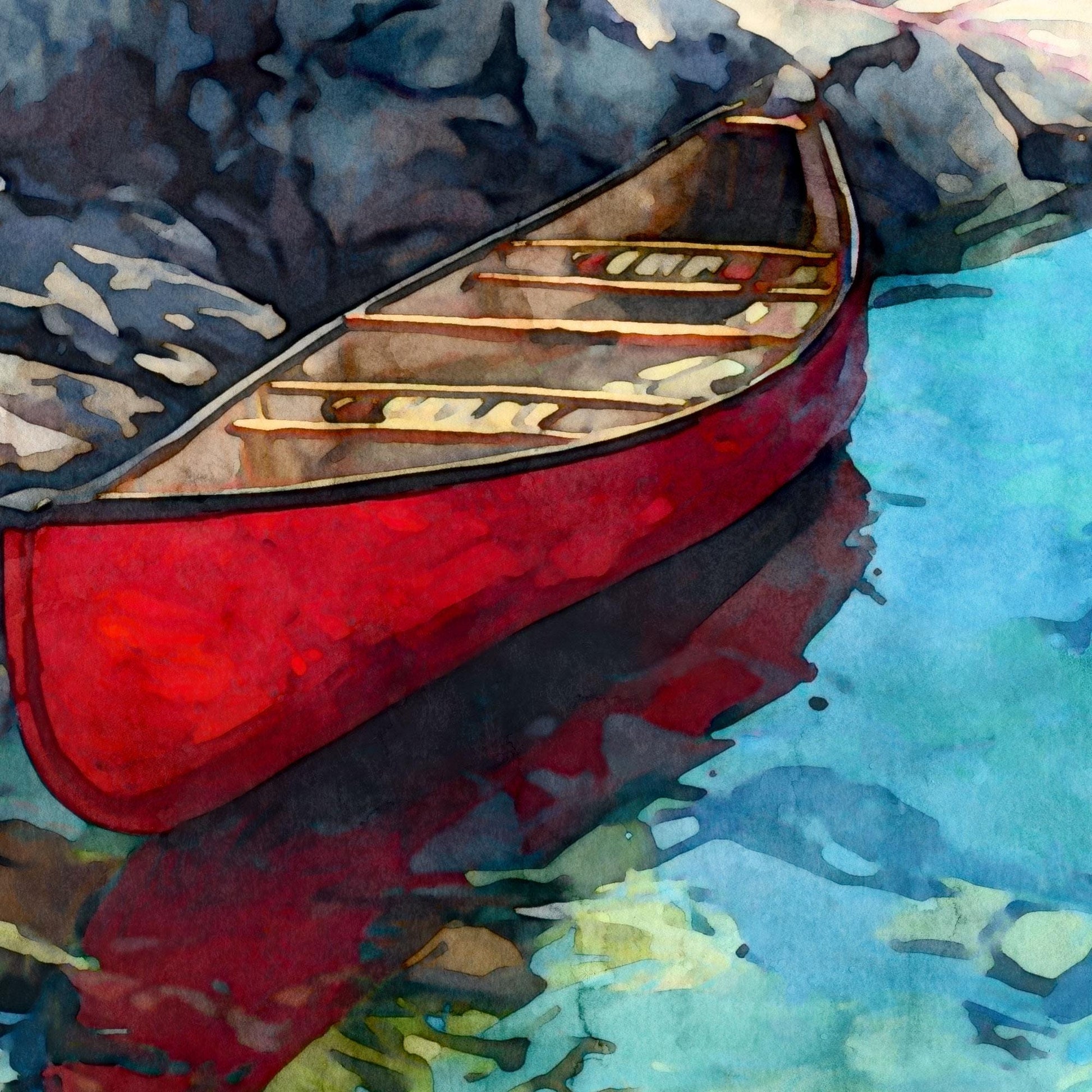 Close-up watercolor-style painting of a red canoe floating on clear turquoise water. Sunlight reveals smooth stones beneath the surface, and the canoe’s wooden ribs and seats glow in warm tones. Ripples of blue, teal, and green surround the boat, creating a vibrant, serene lakeside scene.