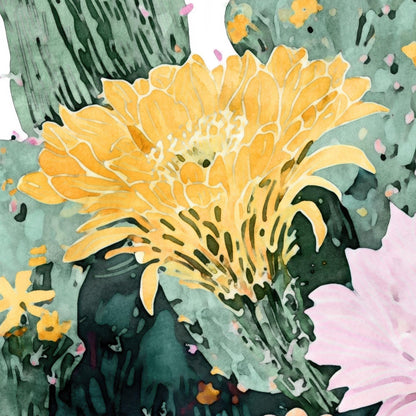 Close-up of a watercolor cactus bloom, featuring a large yellow flower with layered petals against green cactus pads. Soft details in pink and orange add depth, with a pale pink flower partially visible at the edge, highlighting the vibrant desert botanical theme.