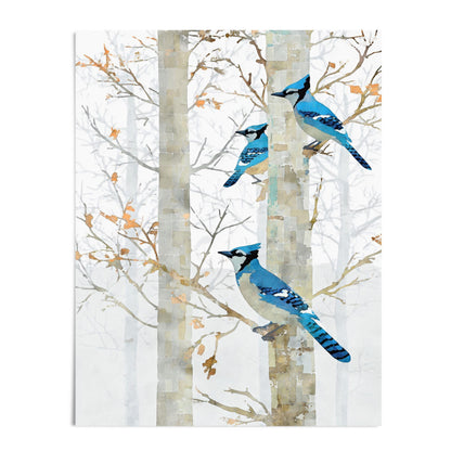 Watercolor-style art print of three bright blue jays perched on pale birch trunks. Soft gray branches and scattered orange leaves create a gentle winter woodland backdrop, with the birds’ vivid blues standing out against the misty, muted forest scene.
