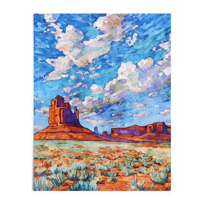 Colorful desert landscape painting of Monument Valley, featuring towering red rock buttes, green desert plants, and a dramatic sky filled with textured clouds in shades of blue, purple, and white.
