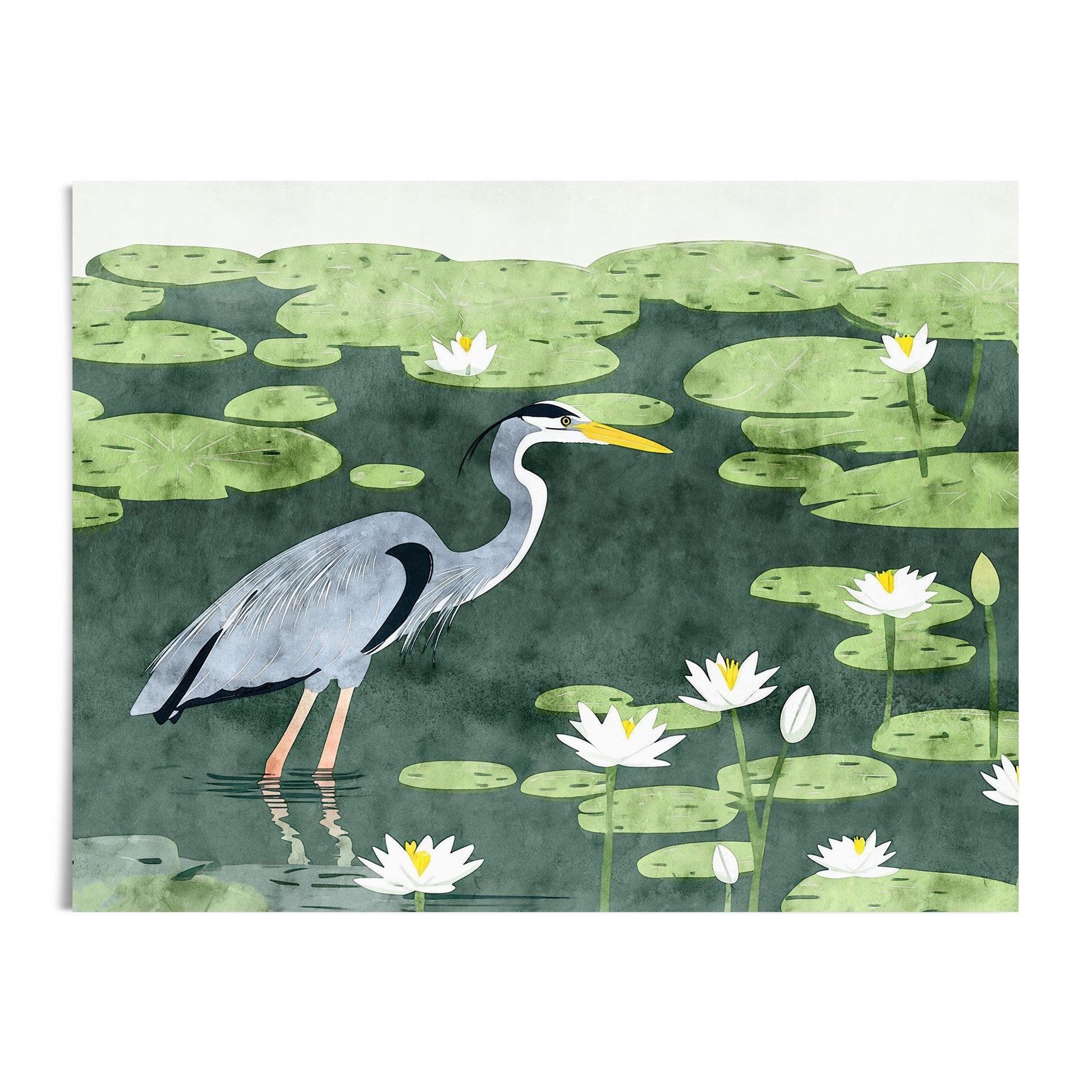 Watercolor-style illustration of a heron standing in a pond surrounded by green lily pads and white lotus flowers, set against a soft white background. The bird’s elegant pose and the tranquil color palette create a peaceful, nature-inspired scene with a modern, graphic touch.