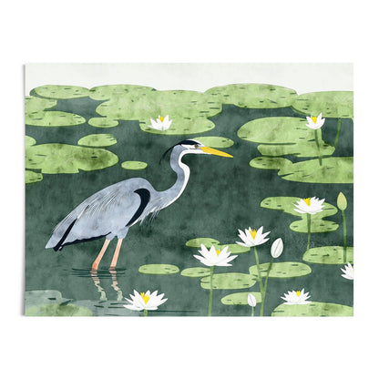 Watercolor-style illustration of a heron standing in a pond surrounded by green lily pads and white lotus flowers, set against a soft white background. The bird’s elegant pose and the tranquil color palette create a peaceful, nature-inspired scene with a modern, graphic touch.