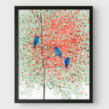 Bluebirds in Autumn Maple Tree Art Print