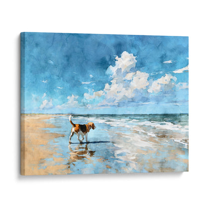 Gallery wrap canvas print of a watercolor-style beagle walking along a beach shoreline, with ocean waves and a bright blue sky with soft clouds. 