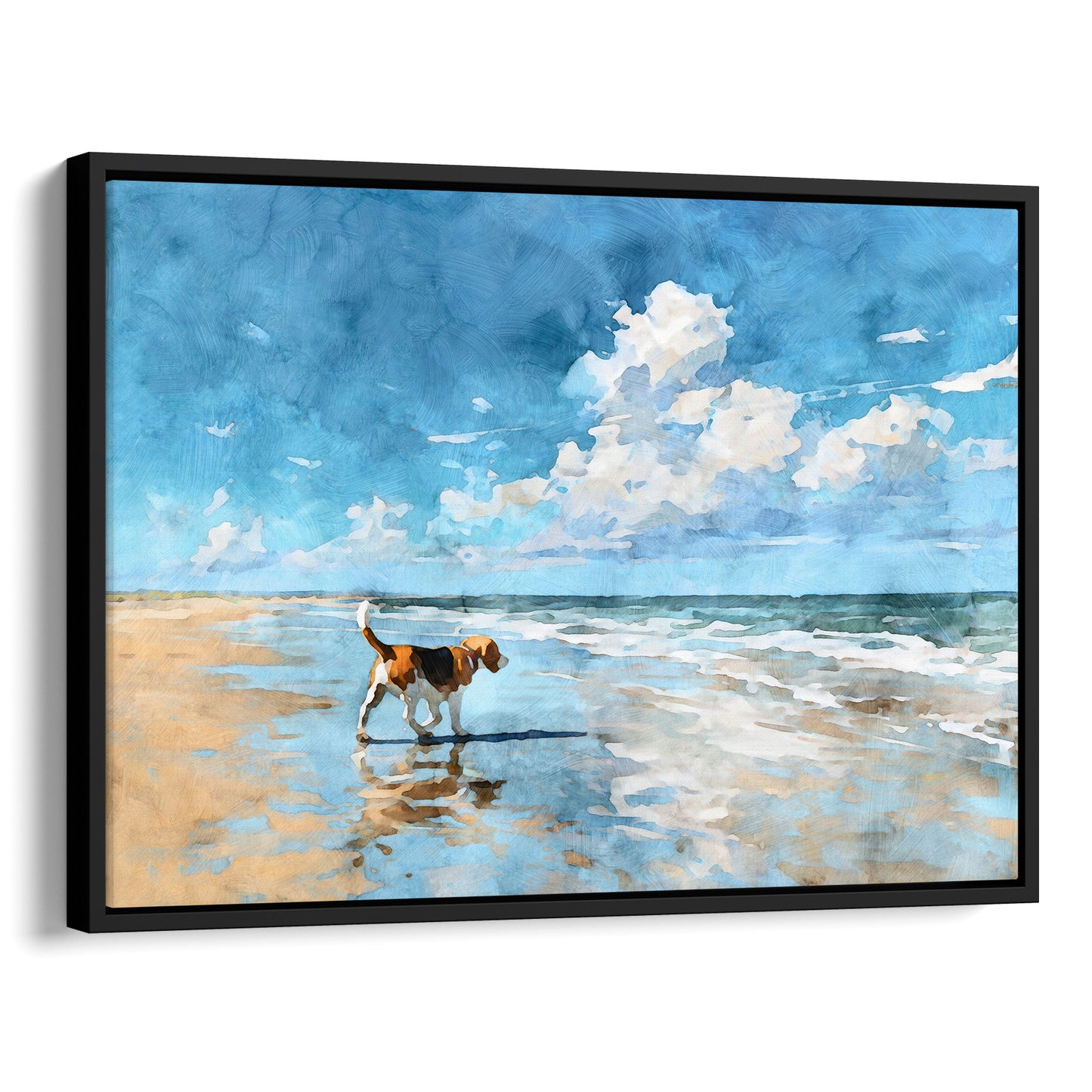 Float framed canvas print of a watercolor-style beagle walking along a beach shoreline, set in a black frame