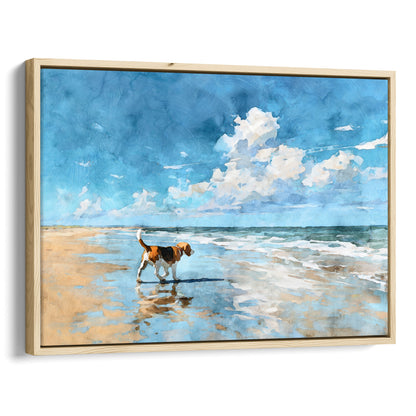 Float framed canvas print of a watercolor-style beagle walking along a beach shoreline, set in a natural wood frame