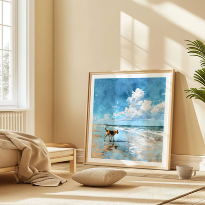 Framed watercolor-style beagle beach painting leaning against a warm neutral wall in a sunlit room. The artwork shows a tricolor beagle walking along the shoreline with reflections in wet sand beneath a bright blue sky with soft clouds, styled with cozy textiles, a floor cushion, and soft natural light.