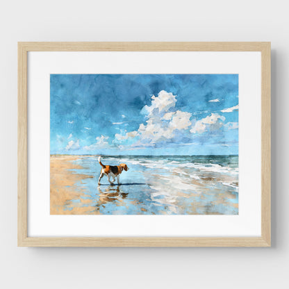 Natural wood framed and matted artwork of a beagle on a beach with a blue sky and clouds.