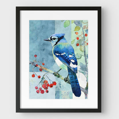 Blue Jay With Winter Berries Art Print