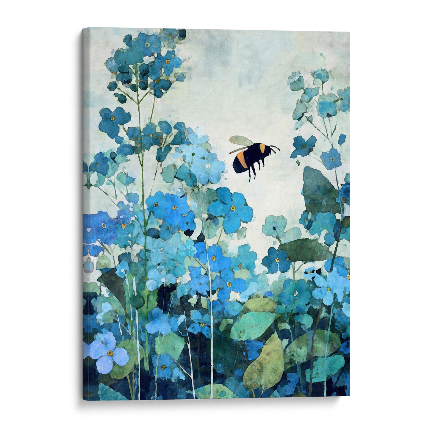 Canvas print with blue flowers and a bee on a white background