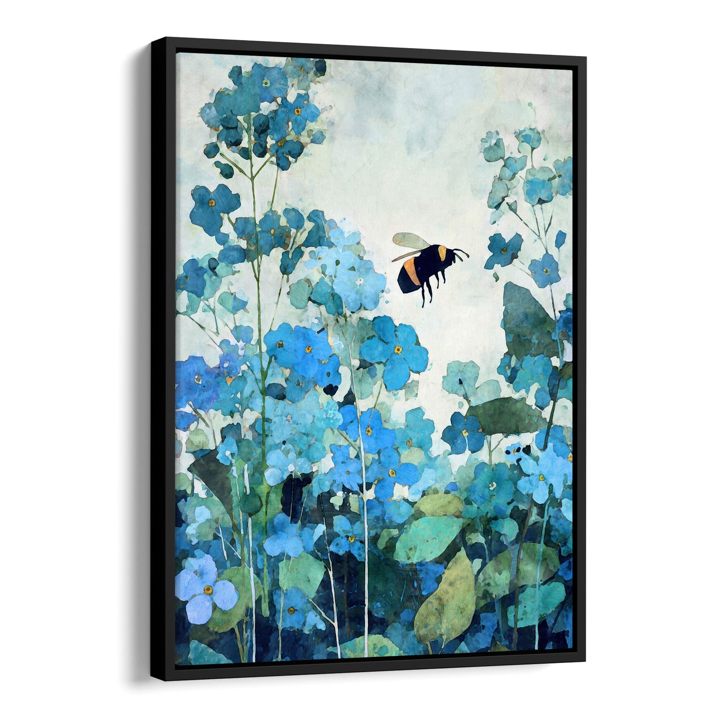 Black canvas float framed artwork of blue flowers and a bee on a white background