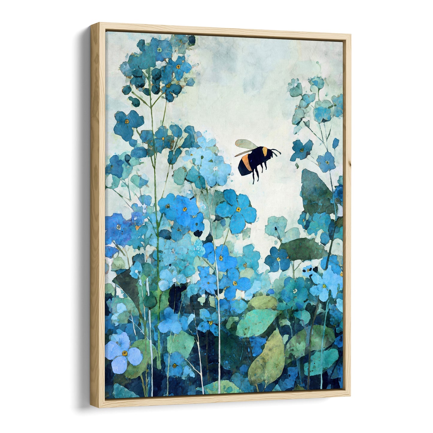 Natural wood canvas float framed artwork of blue flowers and a bee on a white background