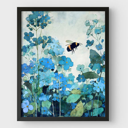 Framed artwork of a bee and blue flowers on a light background