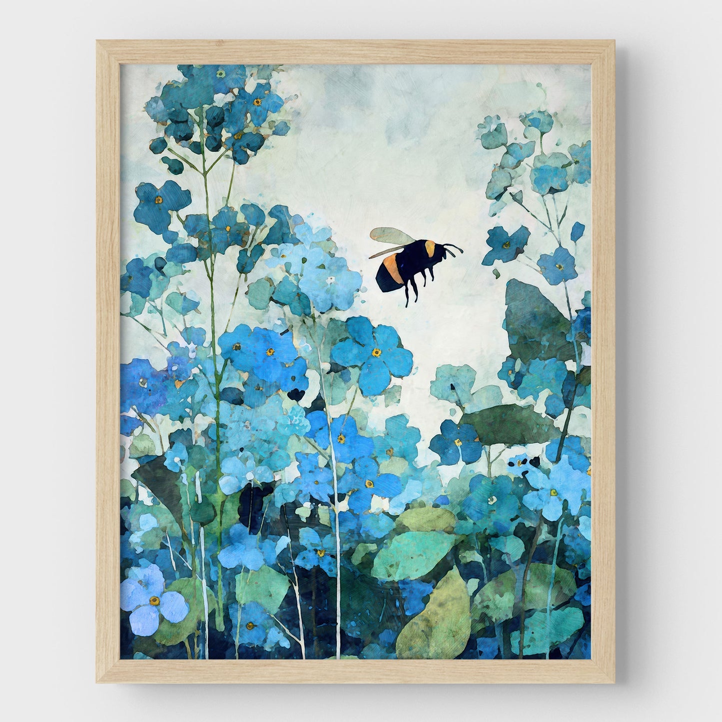 Framed artwork of blue flowers and a bee on a light gray background