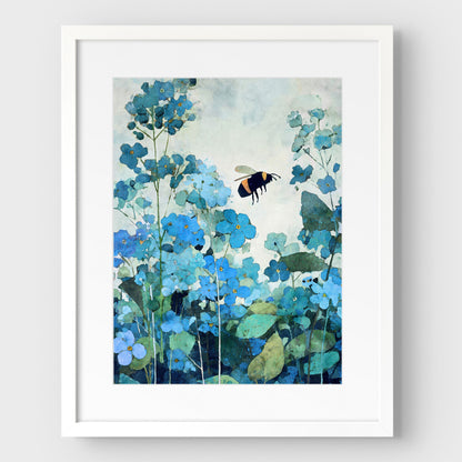 Framed artwork of blue flowers and a bee on a light gray background