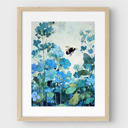 Framed artwork of blue flowers and a bee on a light gray background
