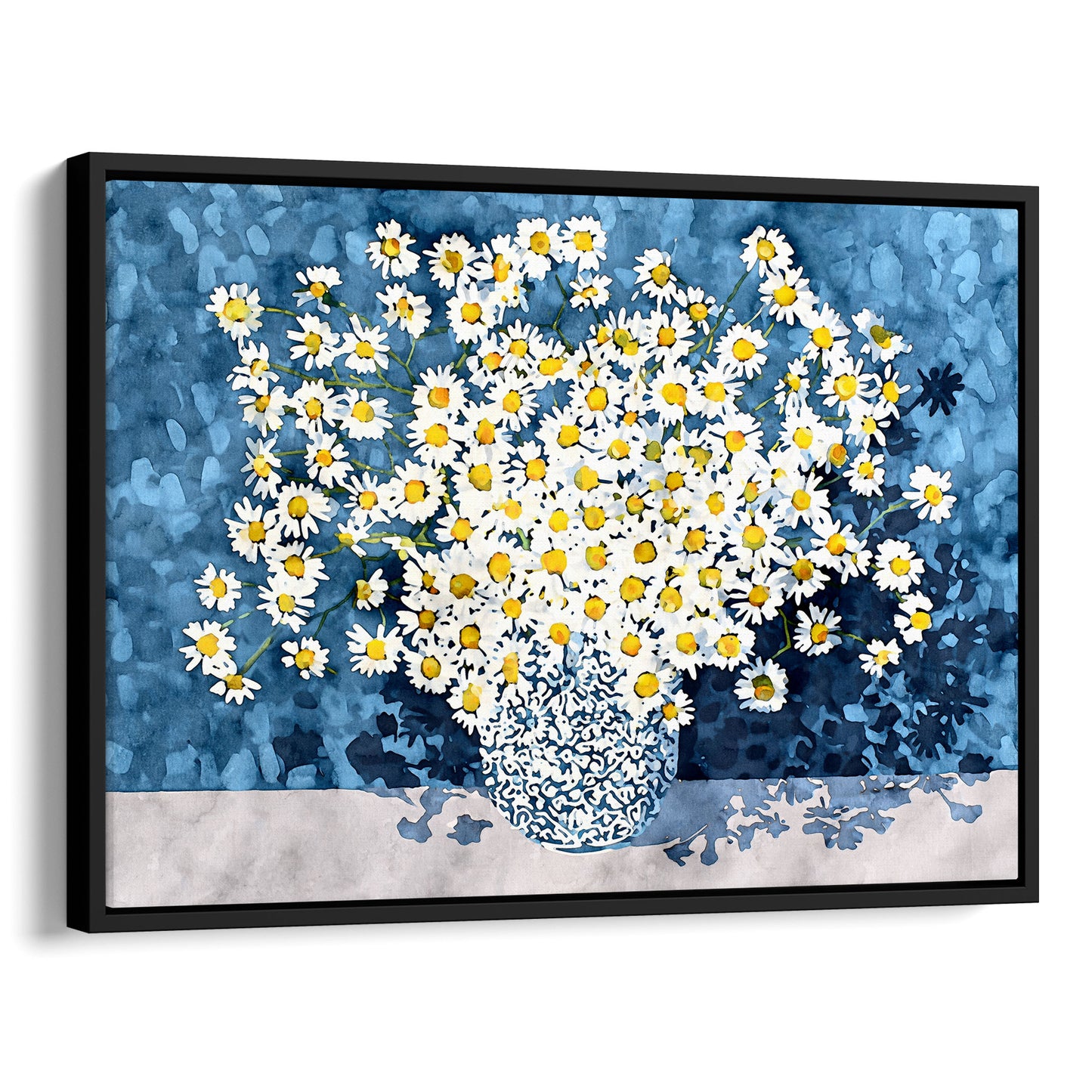 White Chamomile Daisies in Blue Vase Art Print