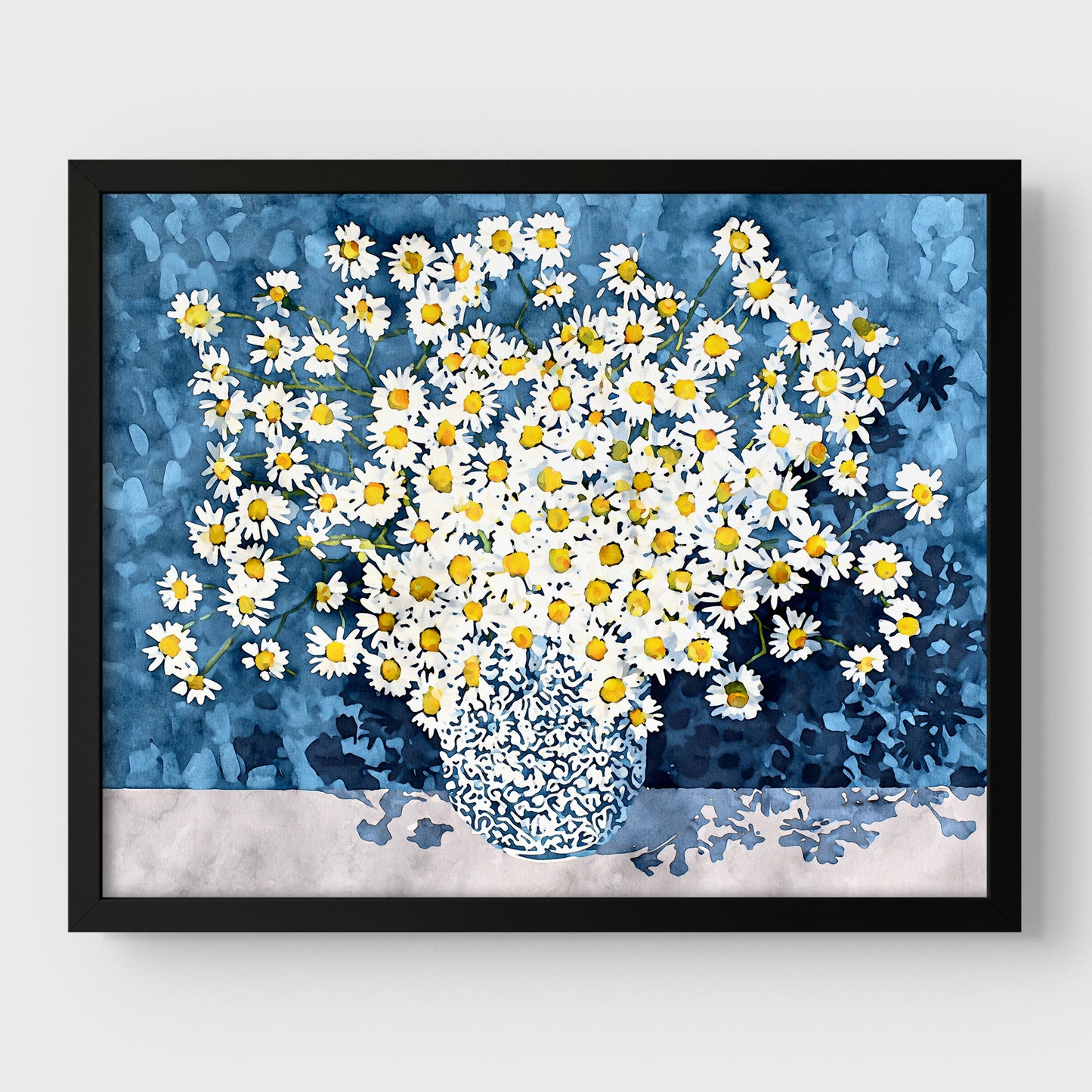 White Chamomile Daisies in Blue Vase Art Print