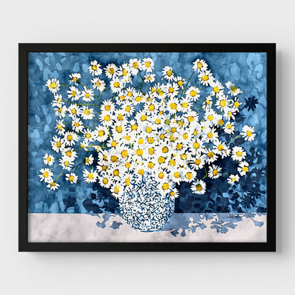 White Chamomile Daisies in Blue Vase Art Print