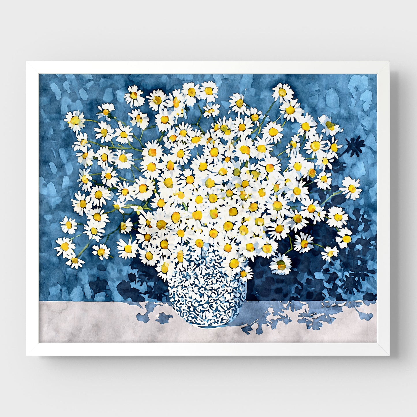 White Chamomile Daisies in Blue Vase Art Print