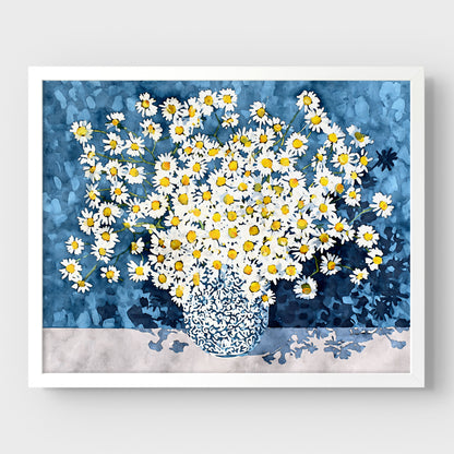 White Chamomile Daisies in Blue Vase Art Print