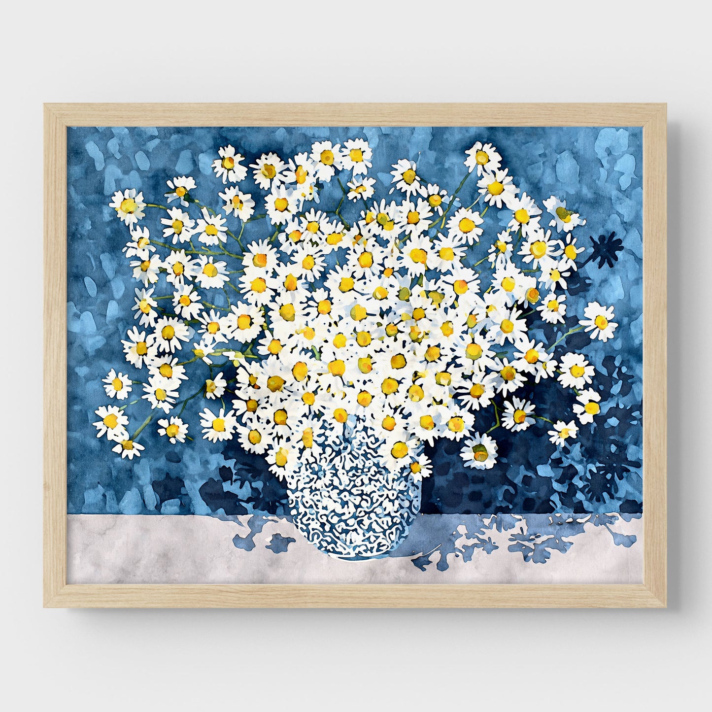 White Chamomile Daisies in Blue Vase Art Print