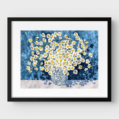White Chamomile Daisies in Blue Vase Art Print