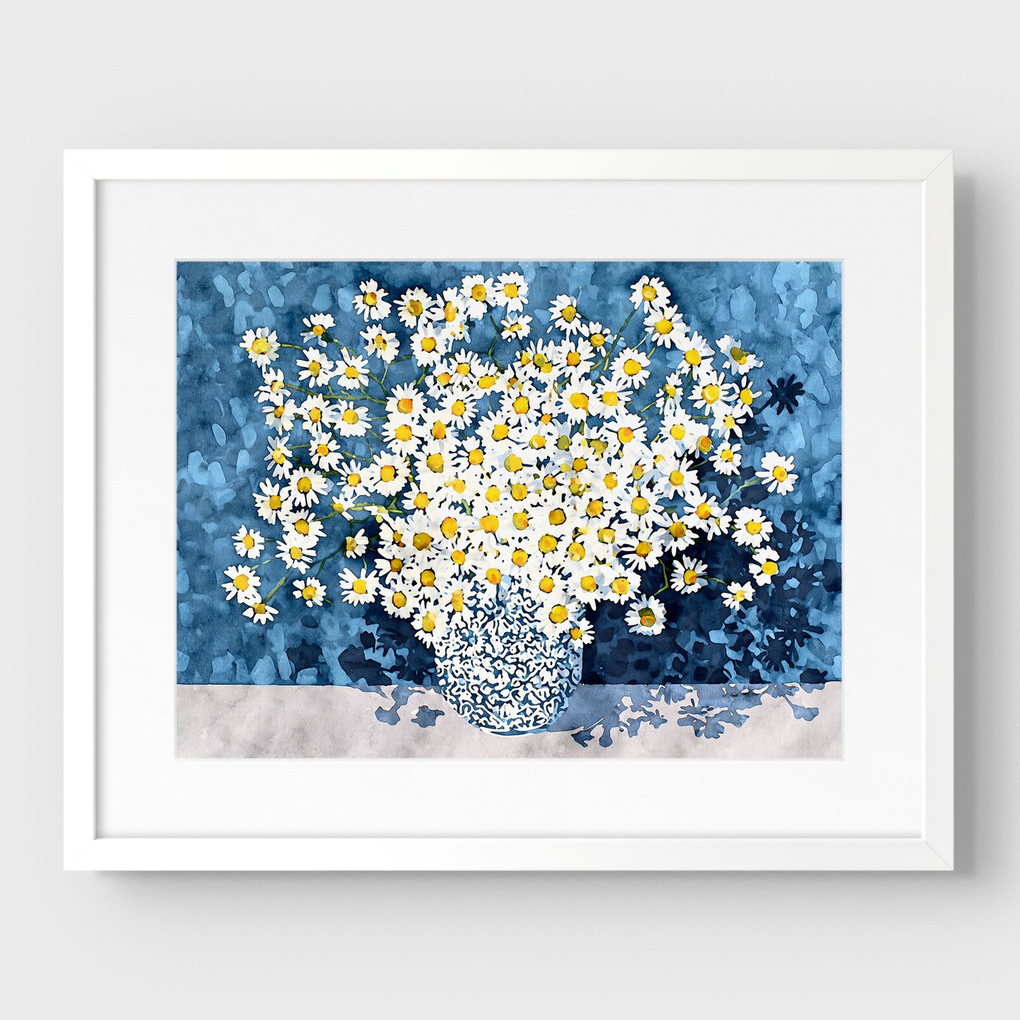 White Chamomile Daisies in Blue Vase Art Print