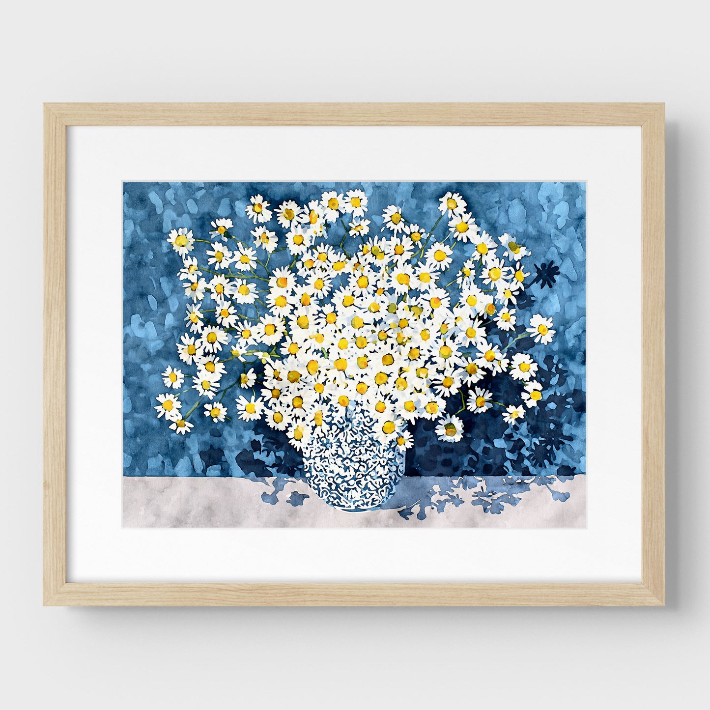 White Chamomile Daisies in Blue Vase Art Print