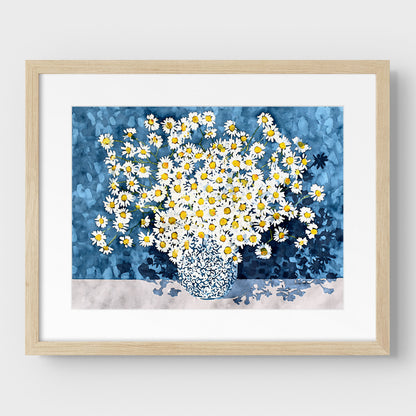 White Chamomile Daisies in Blue Vase Art Print