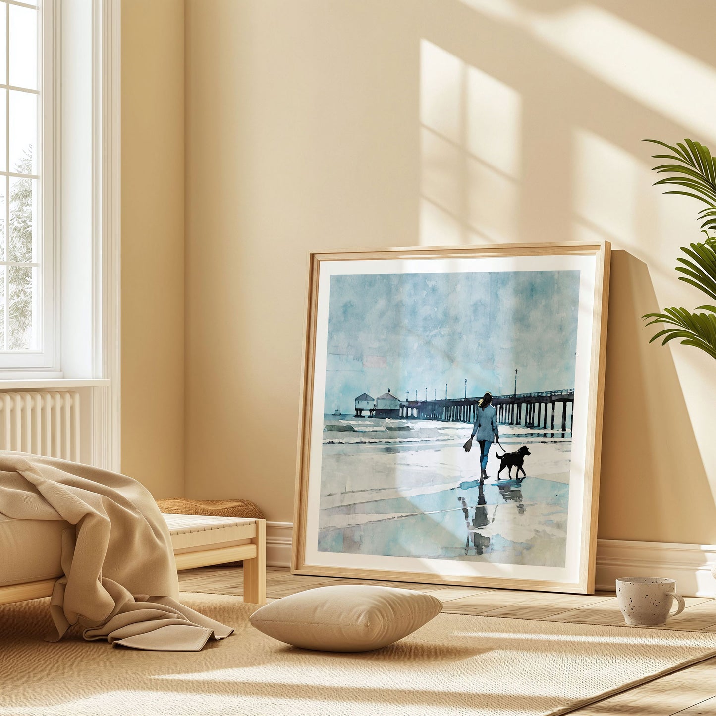 Woman Walking Dog by the Pier Print