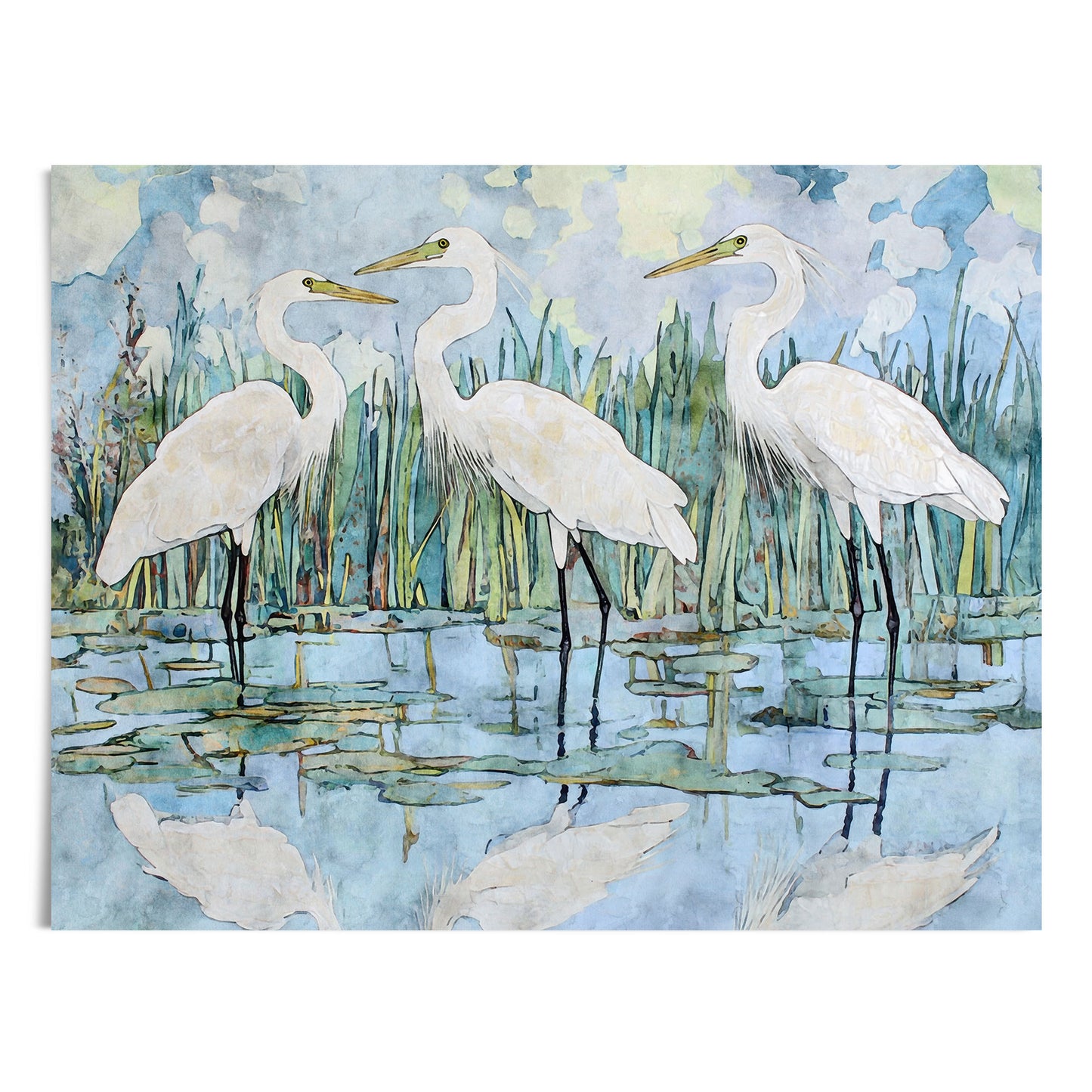 Artistic depiction of three white birds standing in water with a natural background
