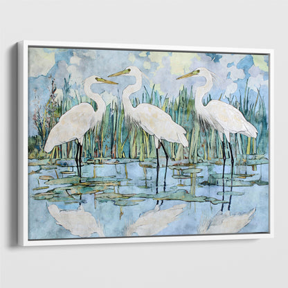 Framed artwork of three white herons in a water setting with a blue and green color scheme.