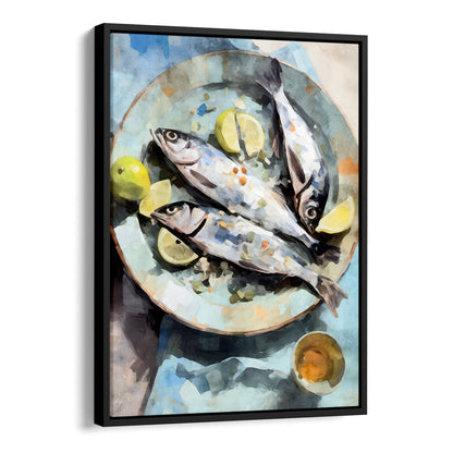 Black framed canvas artwork featuring a watercolor-style depiction of three fresh fish on a textured blue plate, garnished with lemon wedges and accompanied by limes and a small dish.