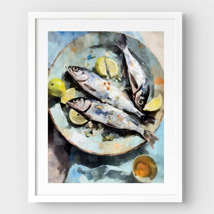 White framed artwork with a white border featuring a watercolor-style depiction of three fresh fish on a blue plate, garnished with lemon wedges and limes, accompanied by a small dish.