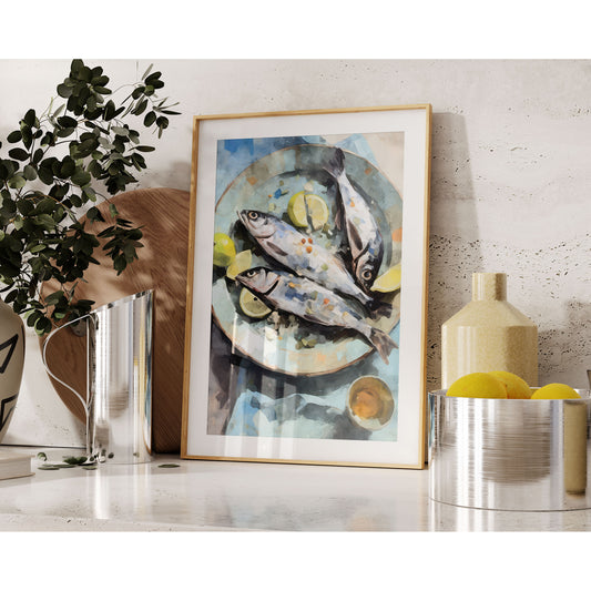 Modern home setting featuring a large framed watercolor painting of three fish with lemon slices on a blue plate, displayed on a shelf alongside decorative items like a glass vase and a yellow ceramic jar.